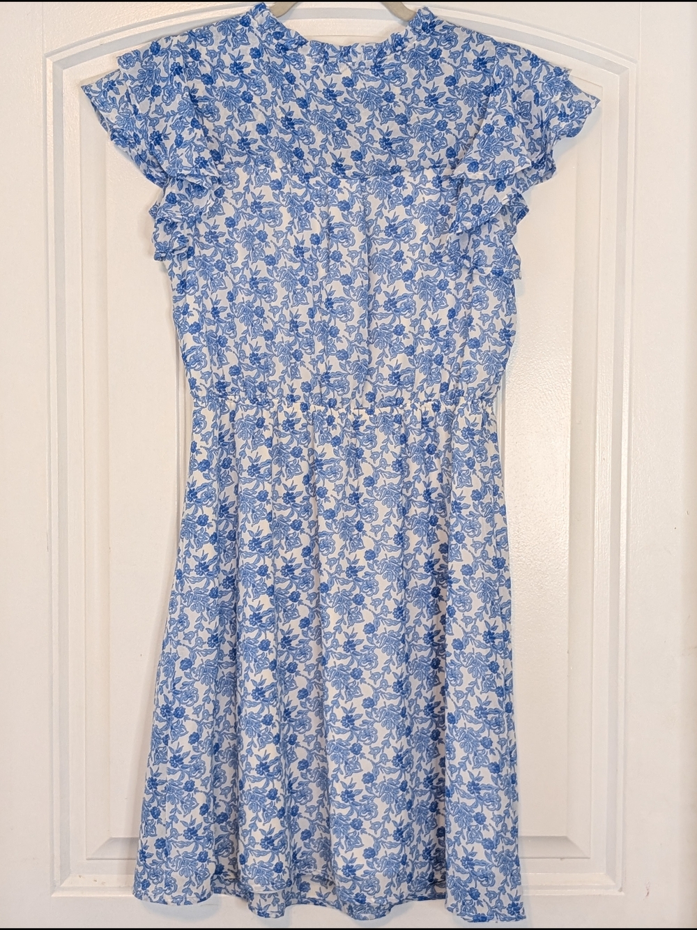 Monteau Blue and White Floral Patterned Ruffle Sleeve Dress - Picture 7 of 12